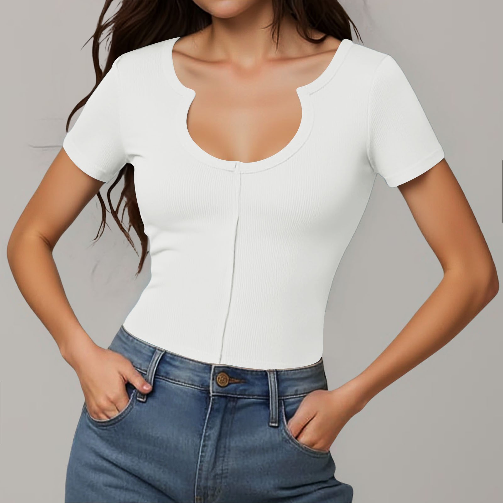 thumbnail image 2 of Blusa sexy de cuello en U y manga corta ajustada para mujer - Top elástico acanalado para salir por la noche o para el día a día, 2 of 4